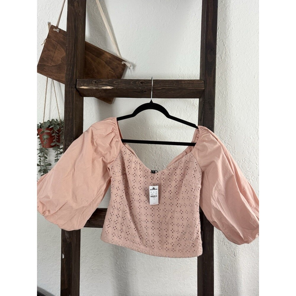 Express Blush Pink Eyelet Crop Top Puff Sleeve Boho Cottagecore Size S NWT